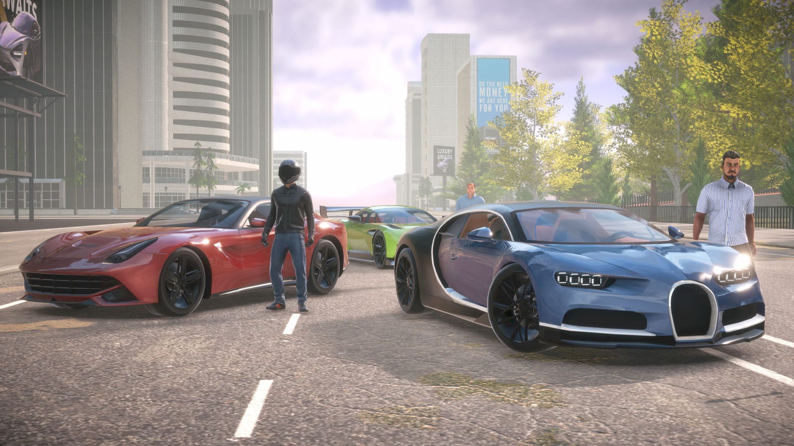 Parking Master Multiplayer 2 gameplay — supercars gathered on a downtown street